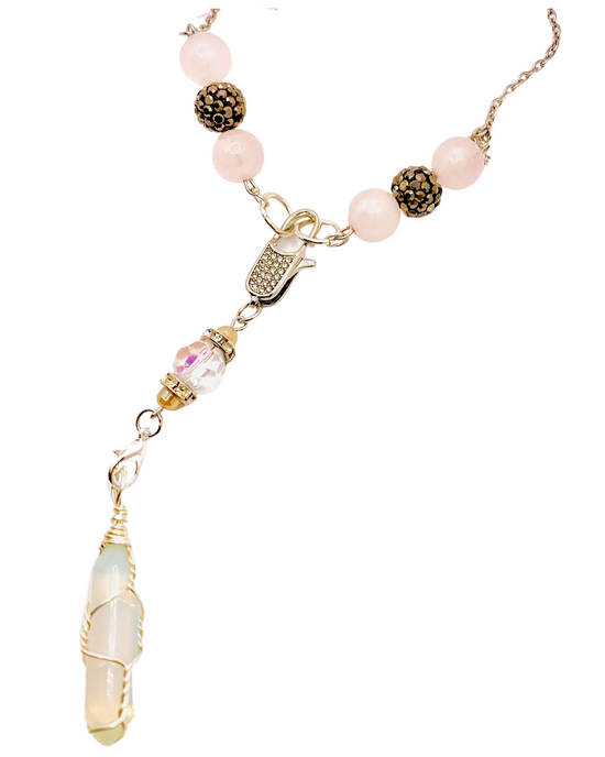 Pendulum necklace with rose quartz and opalite crystals